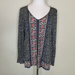 J. Jill Black Floral Knit Top Blouse Sz Petite Medium